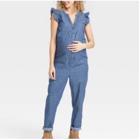 The Nines‎ By Hatch Button Chambray Denim Jumpsuit Maternity Women’s Size Small - Picture 1 of 11